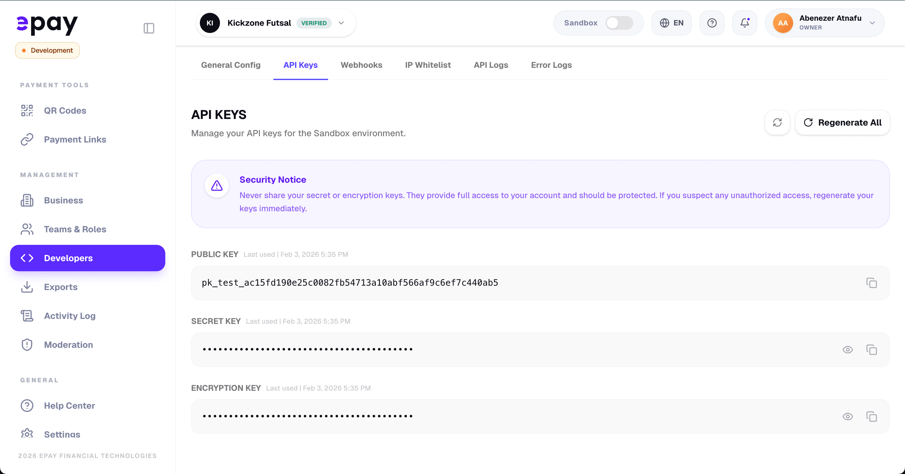 API keys screen