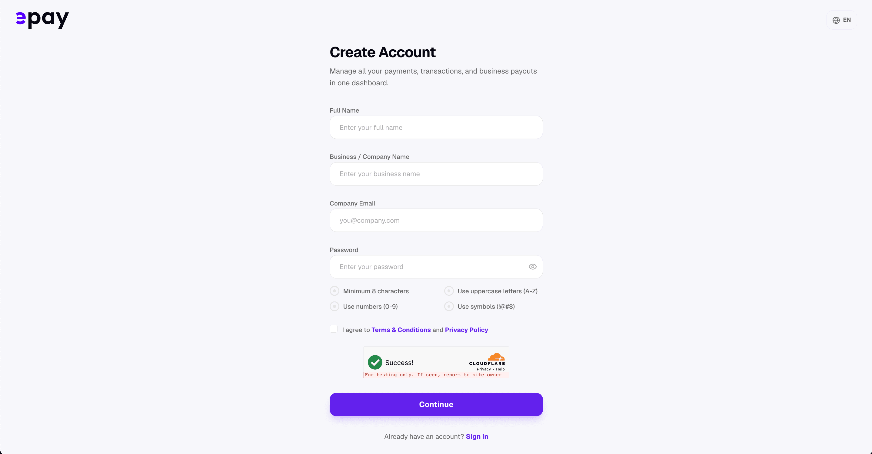 Create account screen