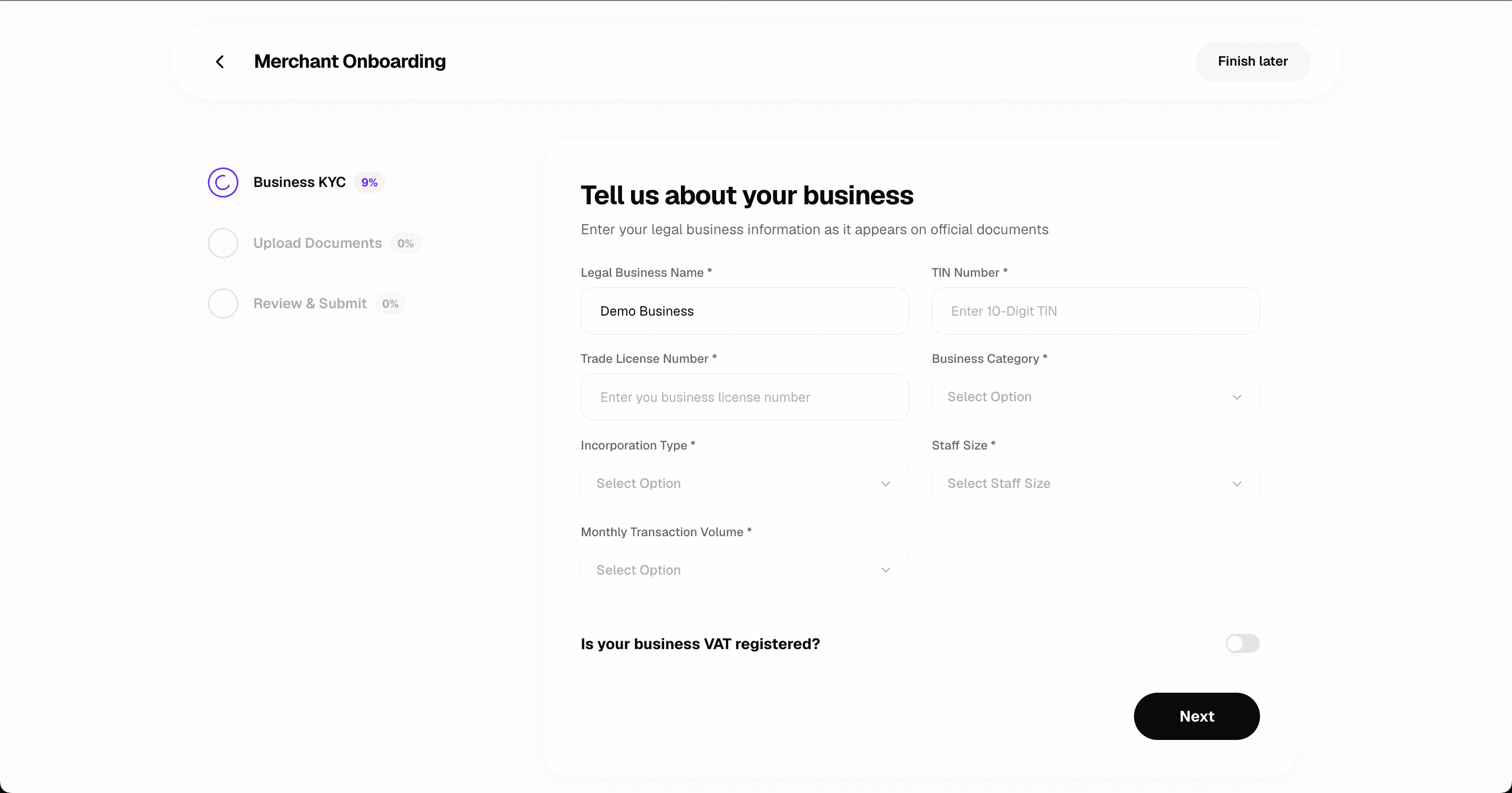 KYC verification screen